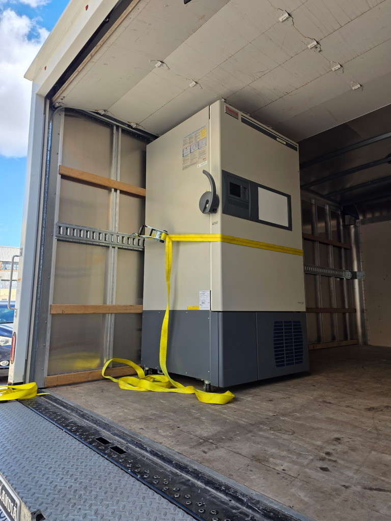 The new freezer we got, sitting in the box truck