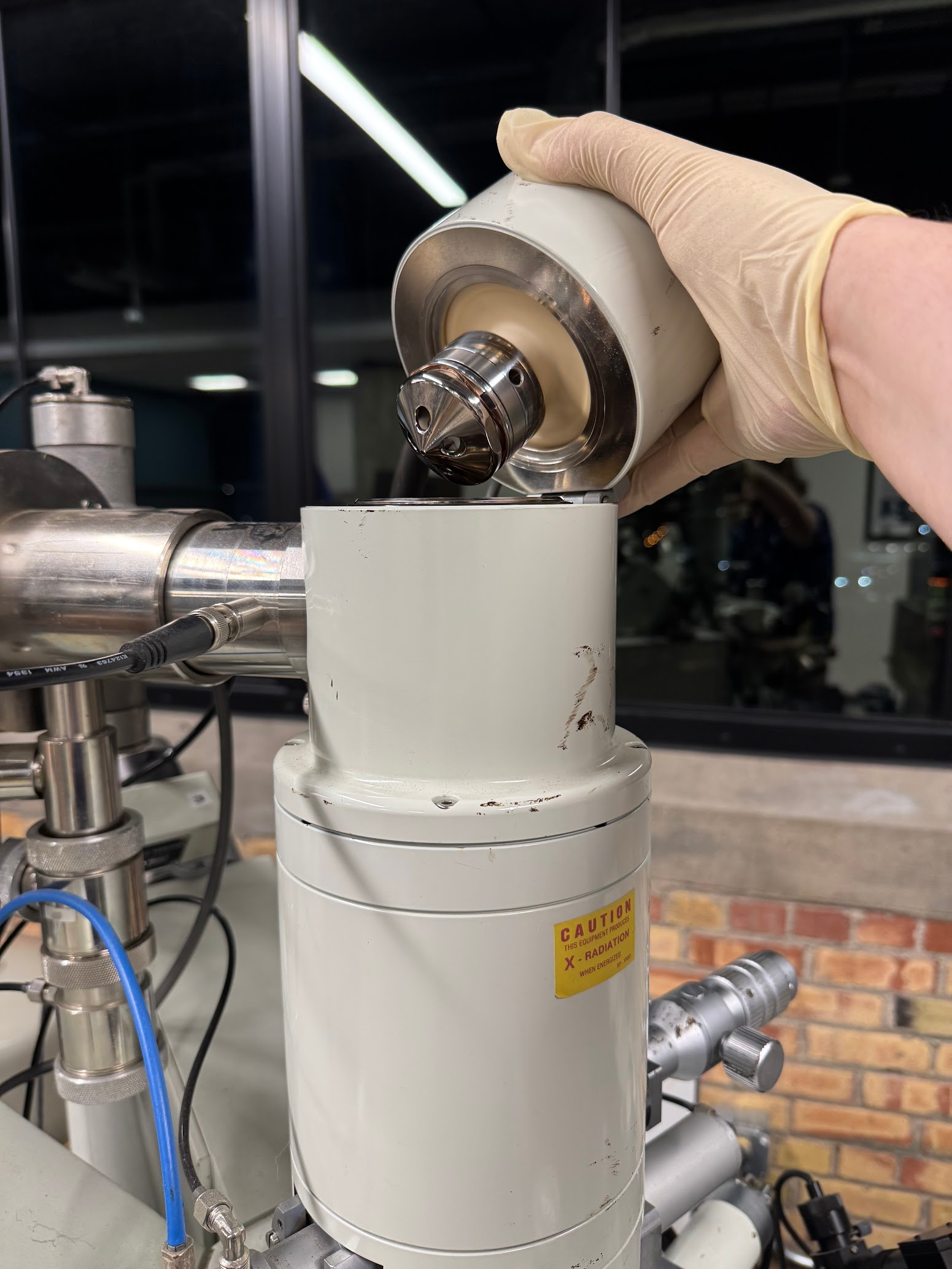 The electron gun within the column, with the lid opened